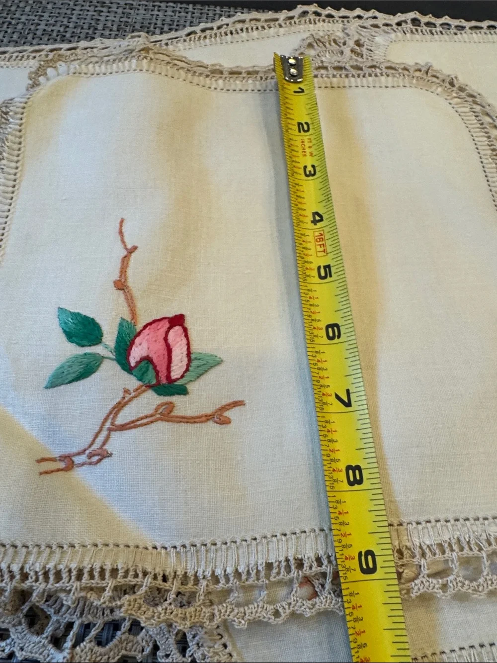 Vintage 10 Embroidered Rose Linen Doily - Pink and Green